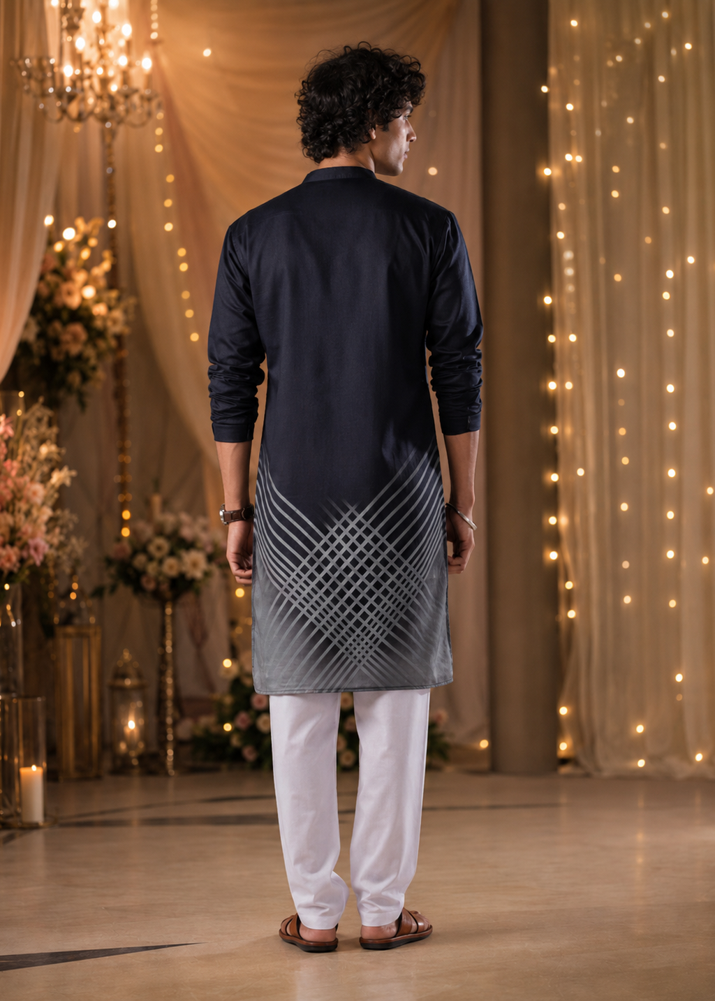 Men Midnight Grid Ombre Kurta Trouser Set
