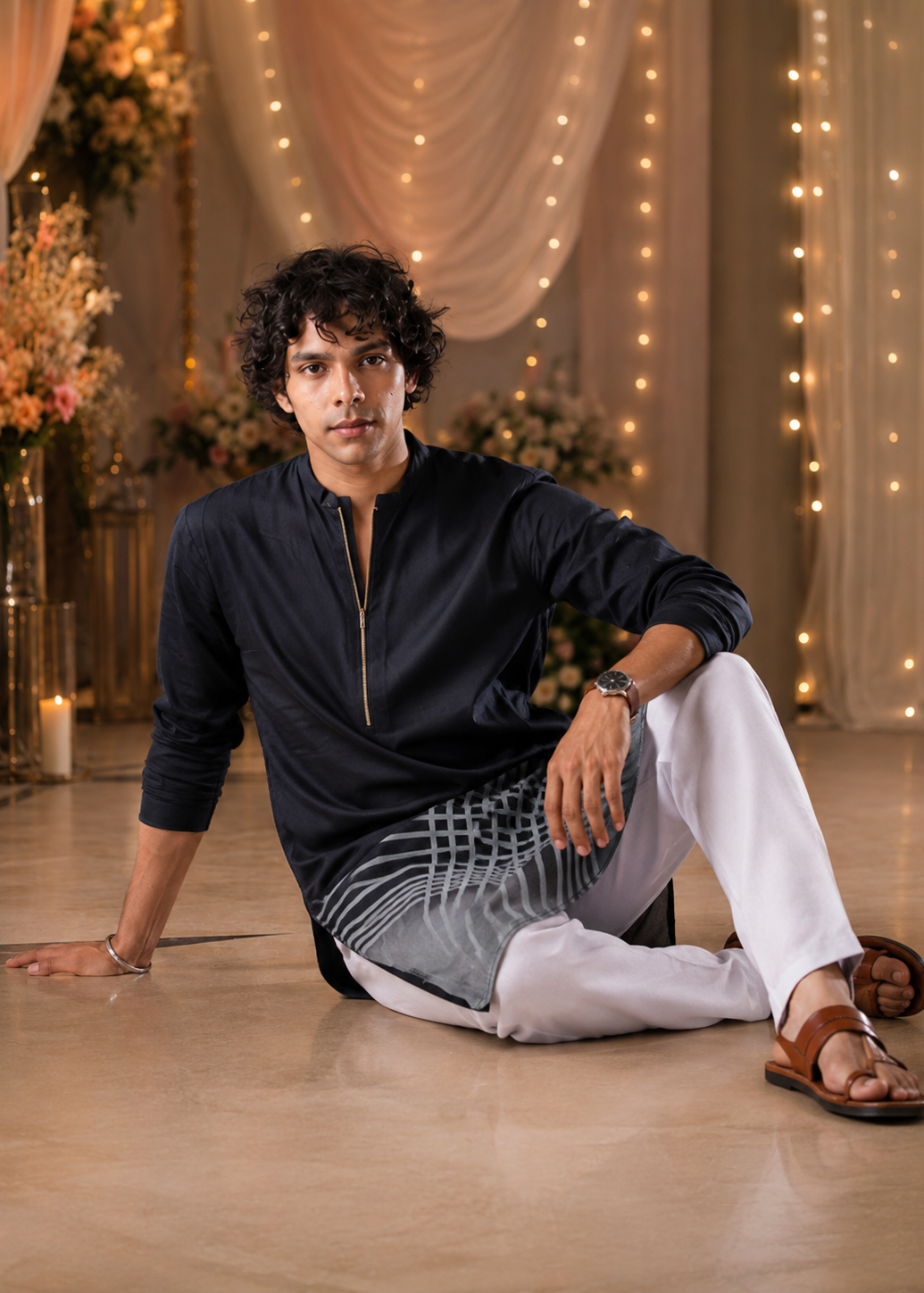 Men Midnight Grid Ombre Kurta Trouser Set