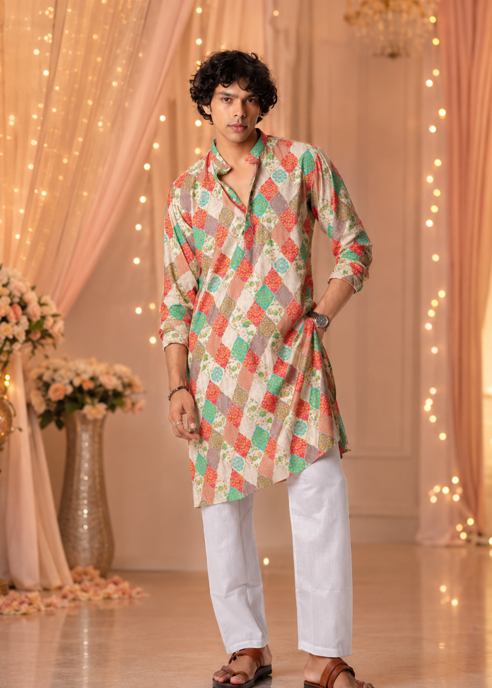 Multicolour Motif Kurta Churidar Set