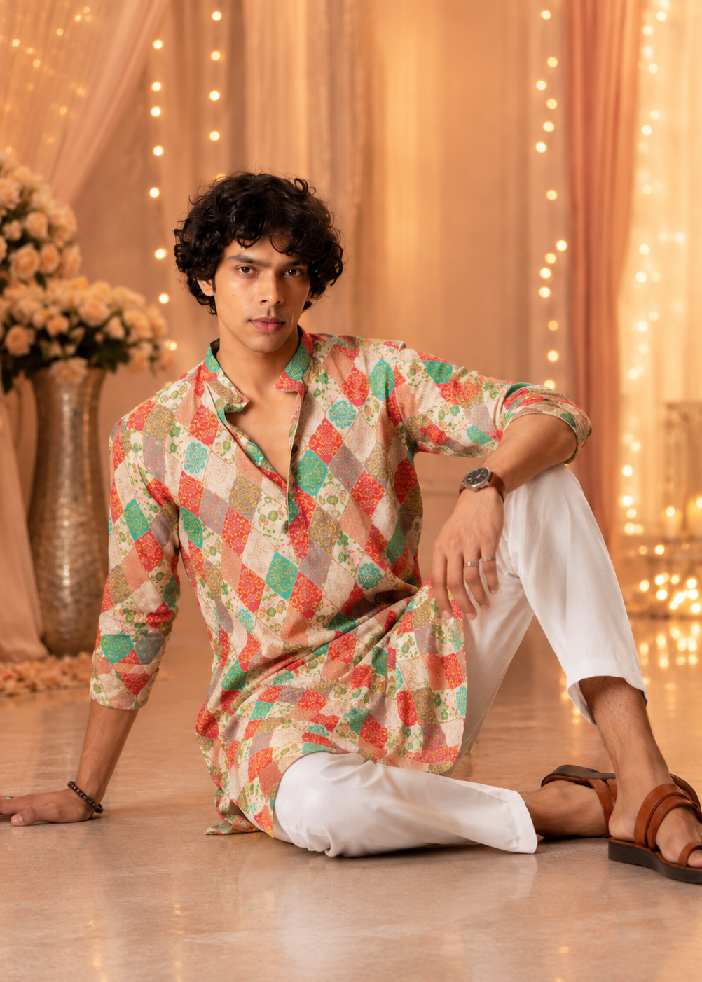 Multicolour Motif Kurta Churidar Set