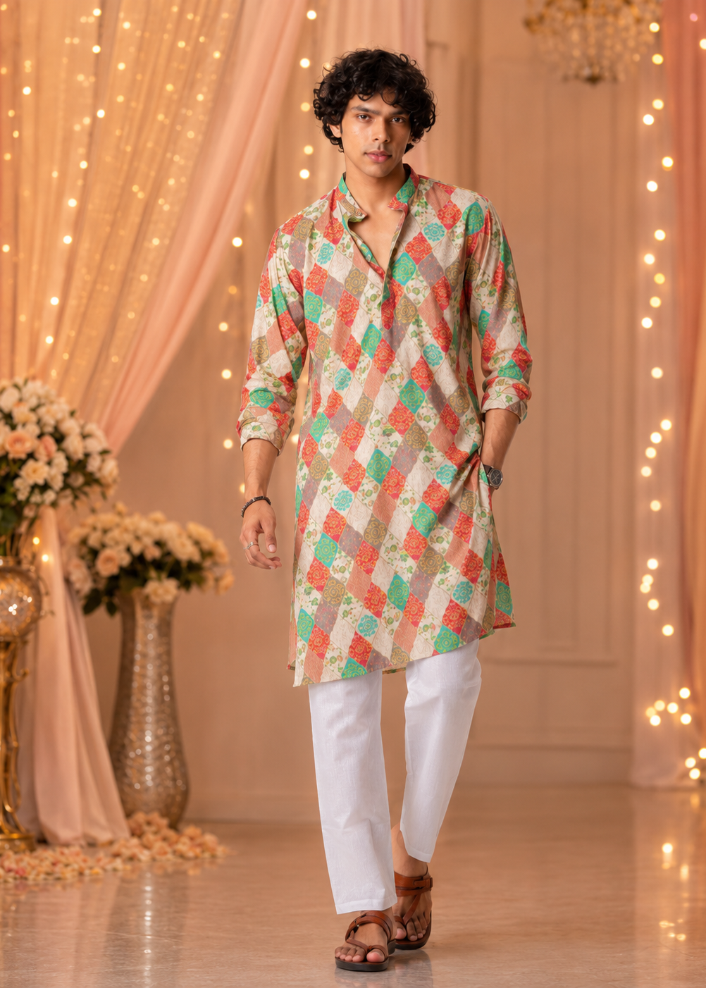 Multicolour Motif Kurta Churidar Set