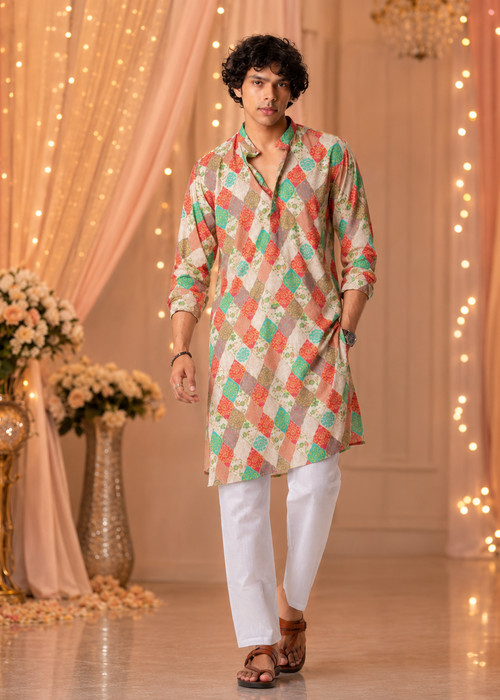Multicolour Motif Kurta Churidar Set