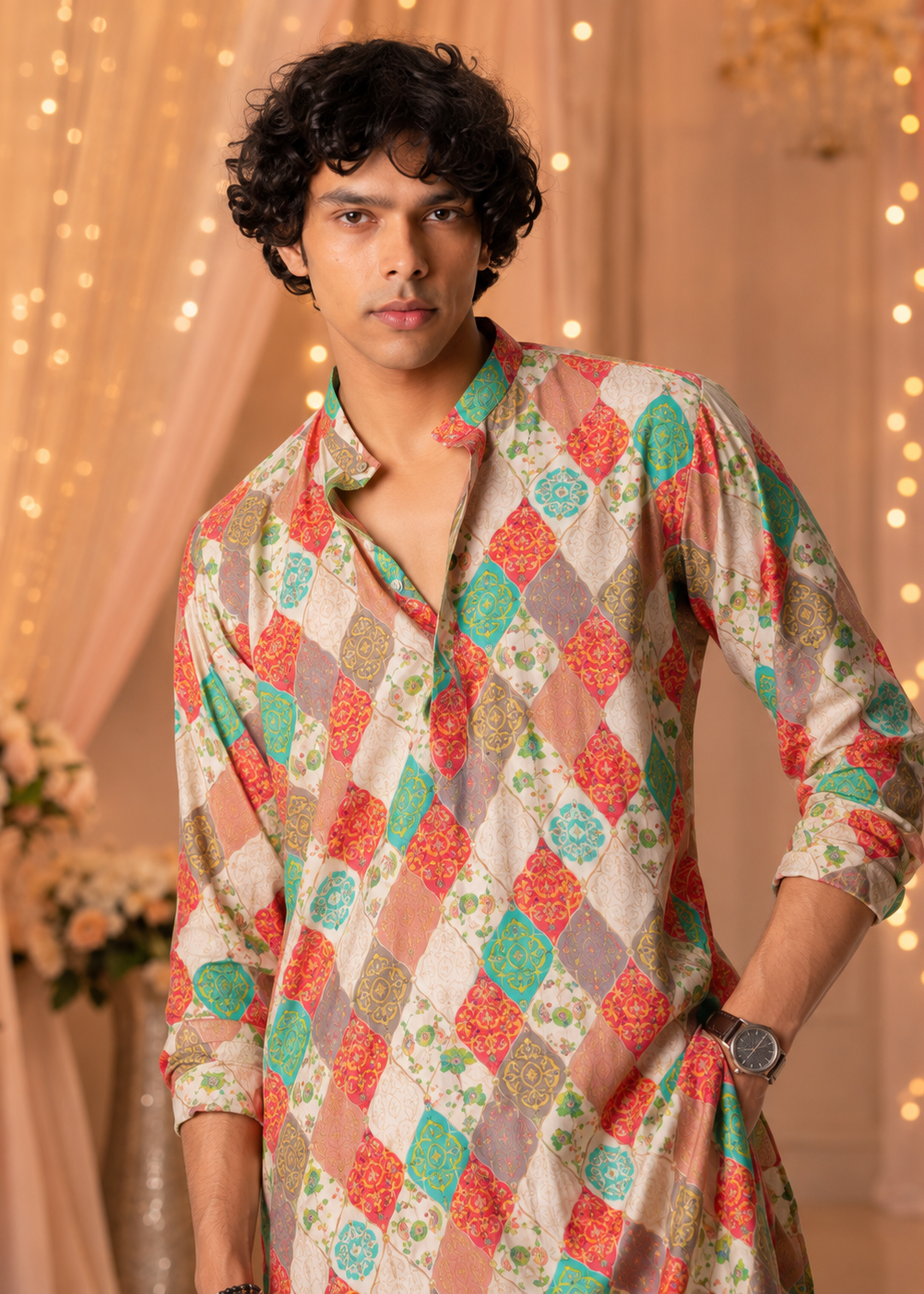 Multicolour Motif Kurta Churidar Set