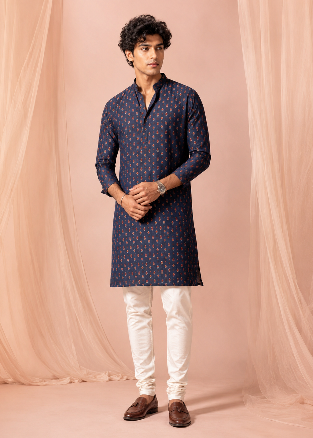Navy Buti Printed Kurta Trouser Set