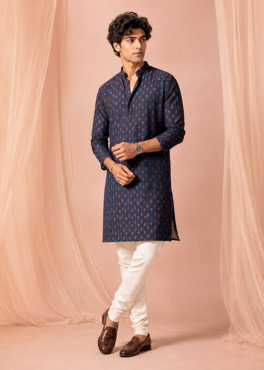 Navy Buti Printed Kurta Trouser Set