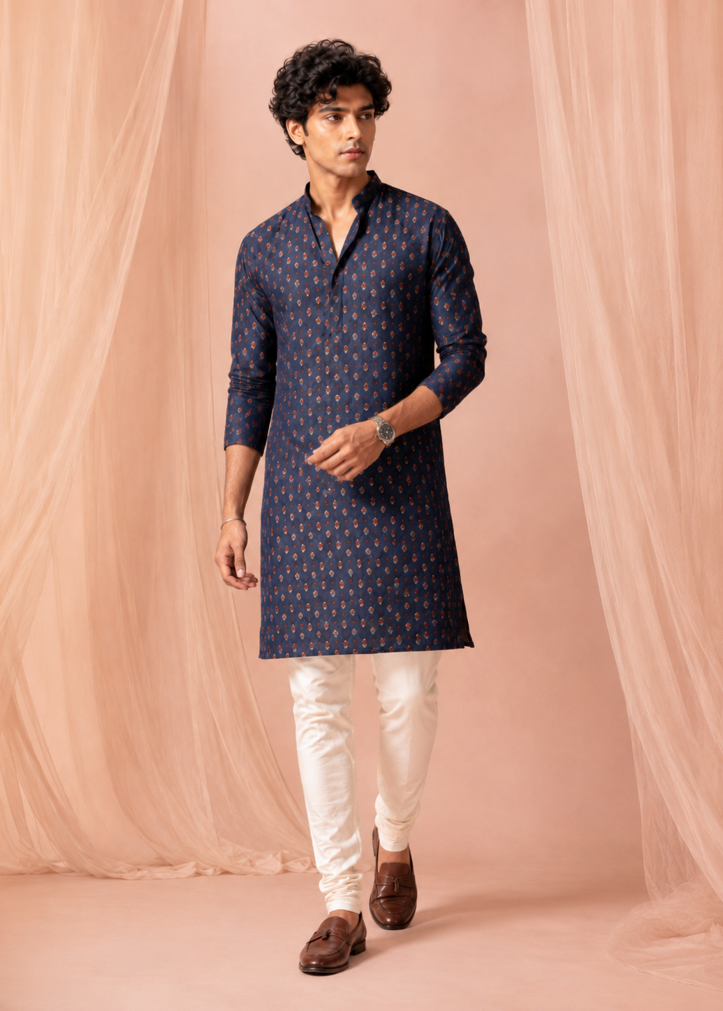 Navy Buti Printed Kurta Trouser Set
