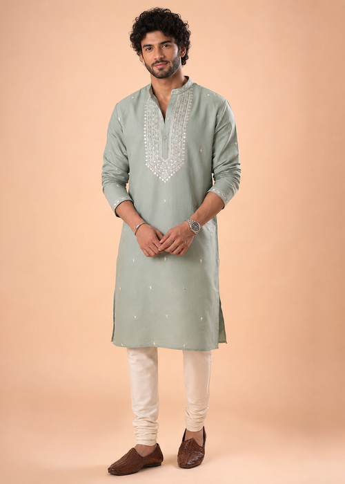 Sage Green Cotton Blend Embroidered Kurta Churidar Set