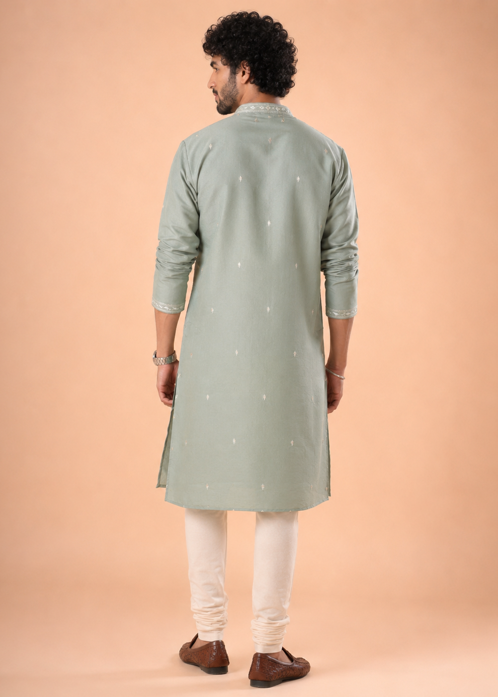 Sage Green Cotton Blend Embroidered Kurta Churidar Set