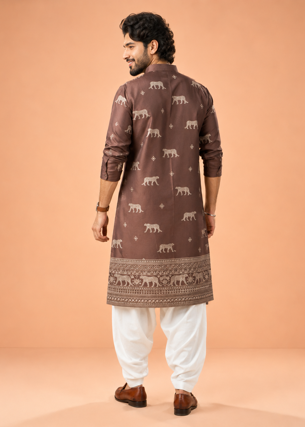 Brown Kurta Trouser with Animal Motif Embroidery