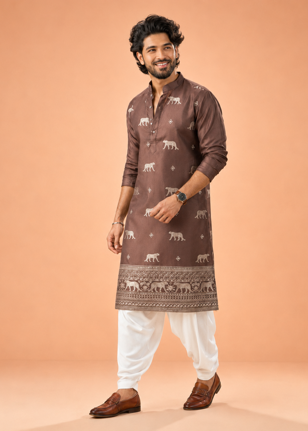 Brown Kurta Trouser with Animal Motif Embroidery