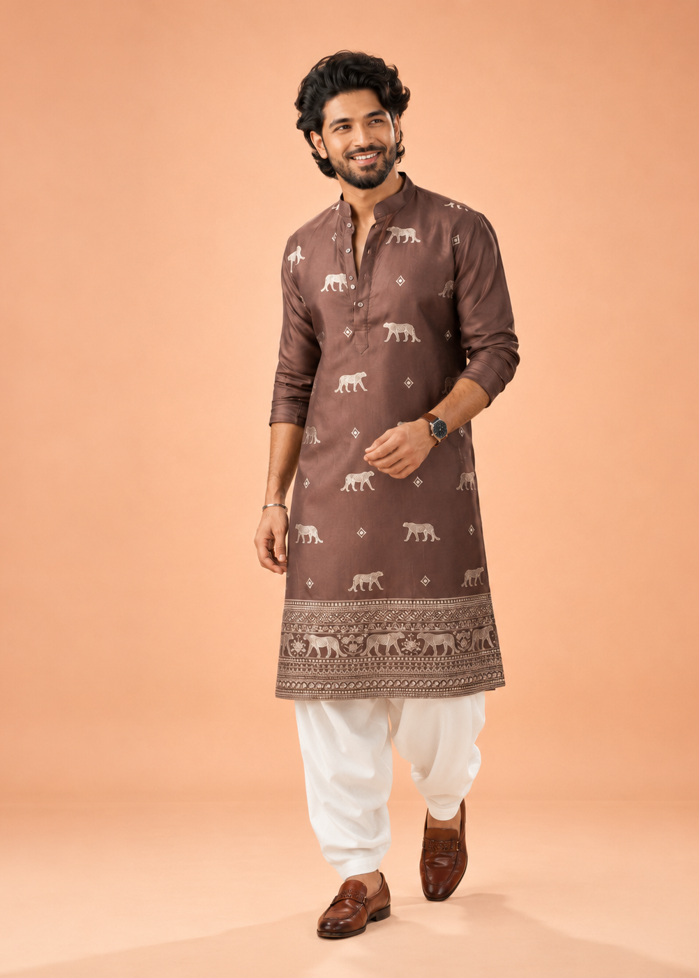Brown Kurta Trouser with Animal Motif Embroidery