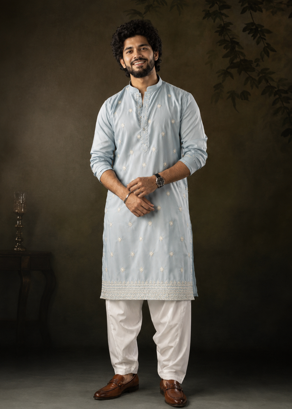 Ice Blue Kurta Trouser with Delicate All-Over Embroidery