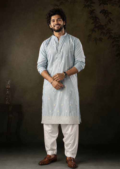 Ice Blue Kurta Trouser with Delicate All-Over Embroidery