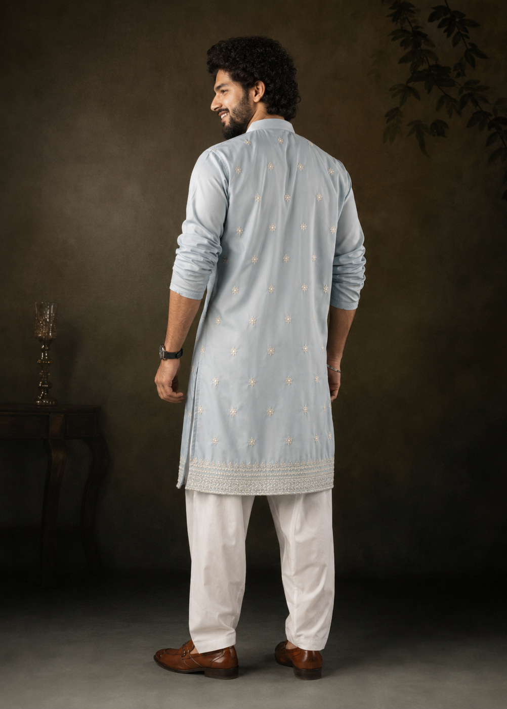 Ice Blue Kurta Trouser with Delicate All-Over Embroidery