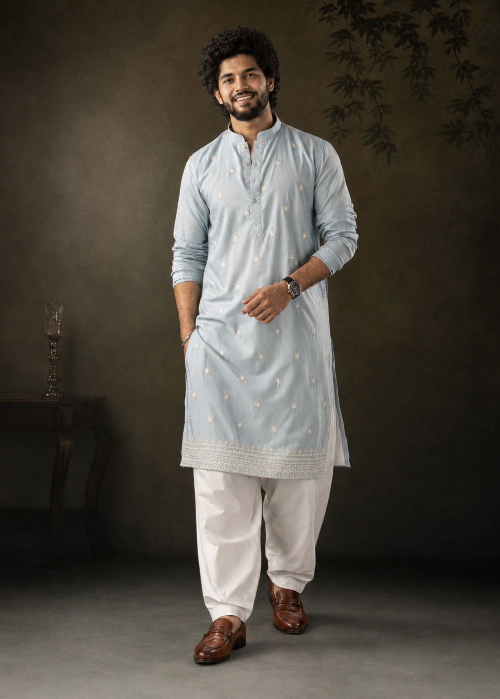 Ice Blue Kurta Trouser with Delicate All-Over Embroidery
