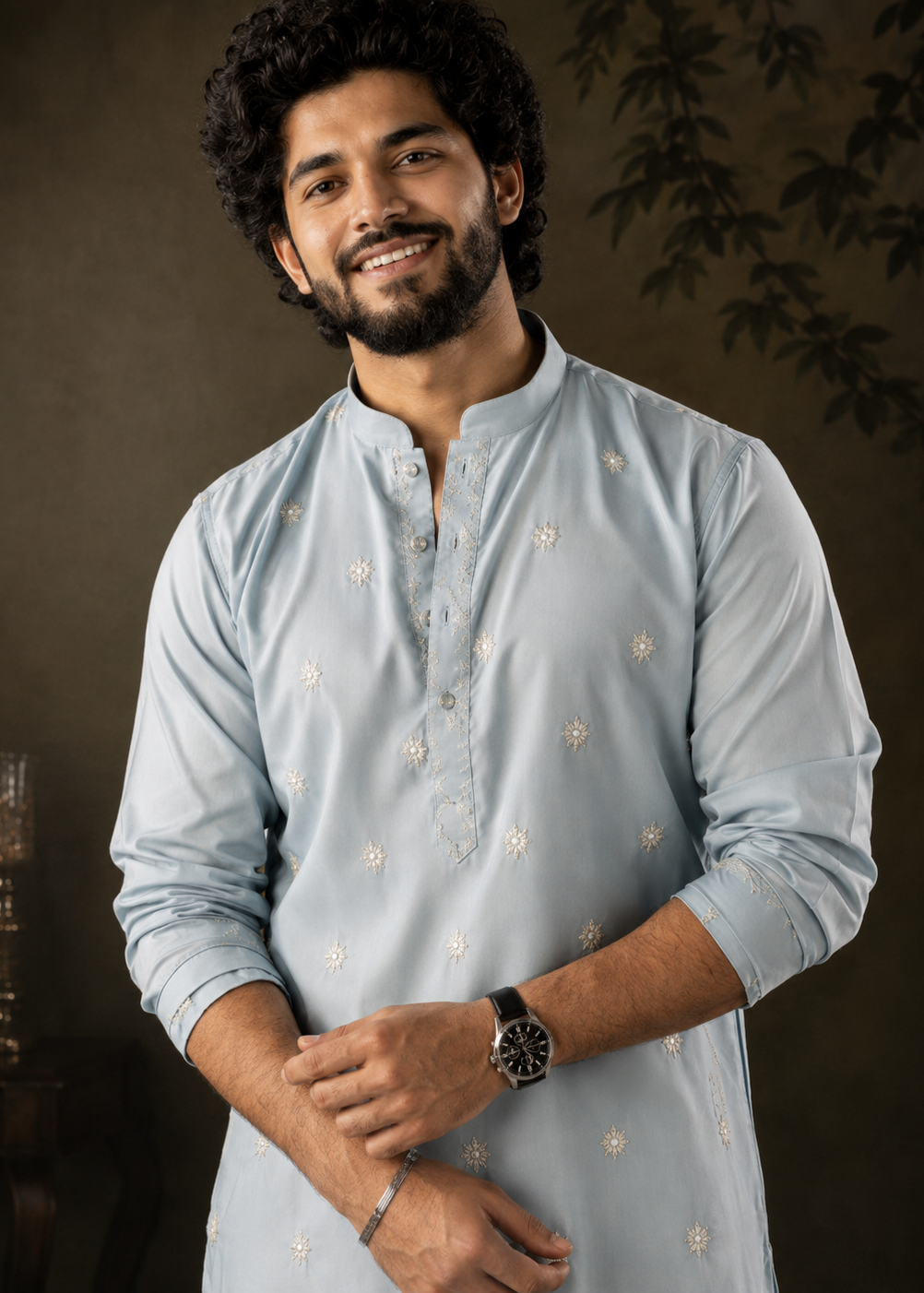 Ice Blue Kurta Trouser with Delicate All-Over Embroidery