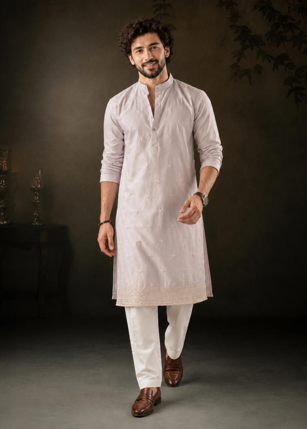 Pearl Ivory Festive Kurta Trouser Set
