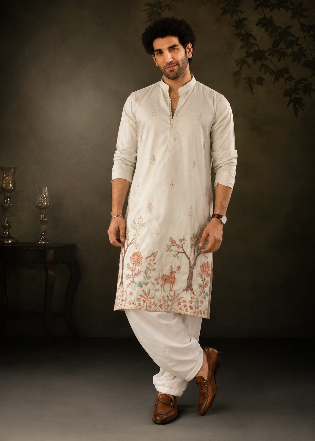 Light Peach Pink Botanical & Wildlife Embroidered Festive Kurta Trouser Set