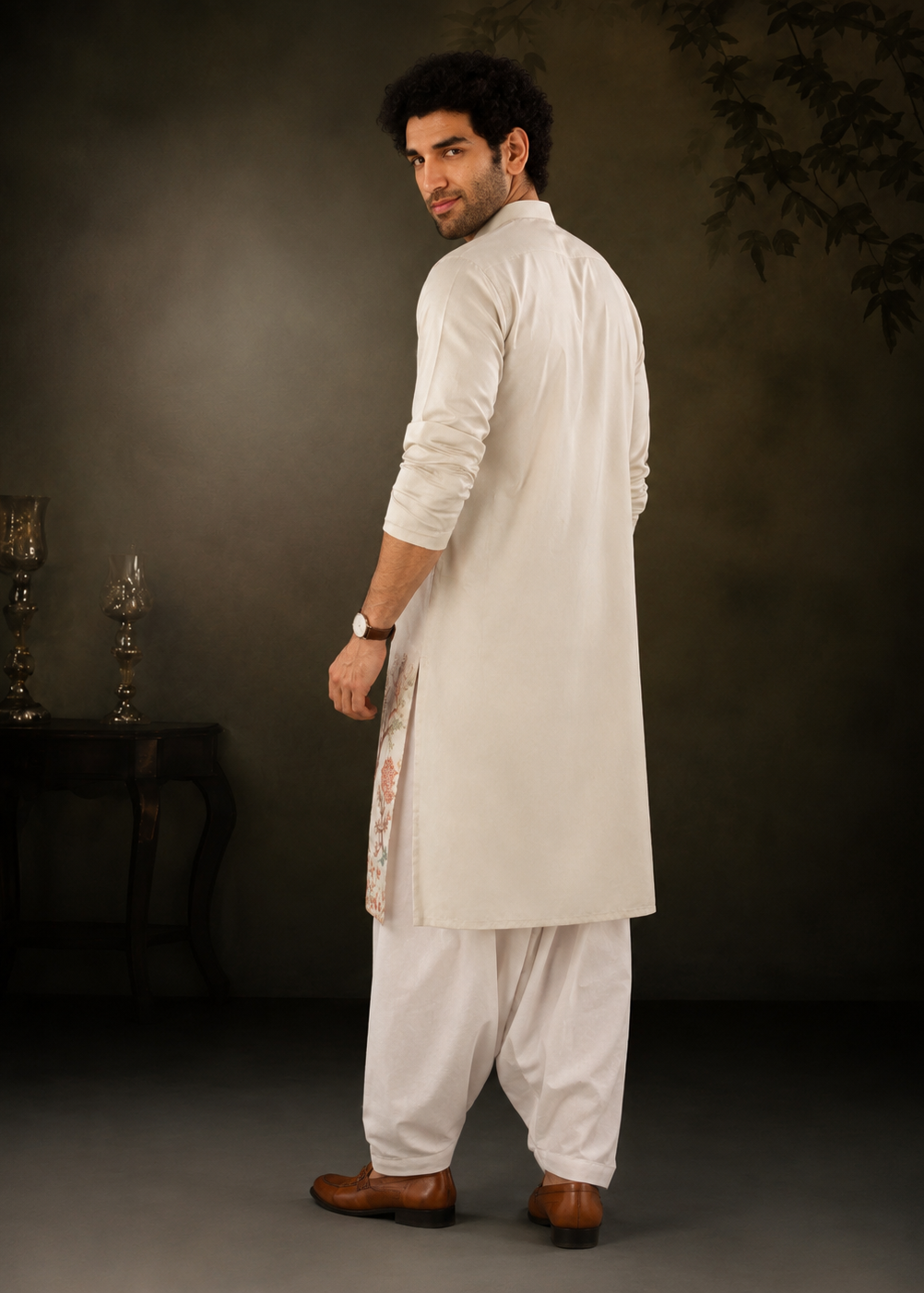 Light Peach Pink Botanical & Wildlife Embroidered Festive Kurta Trouser Set
