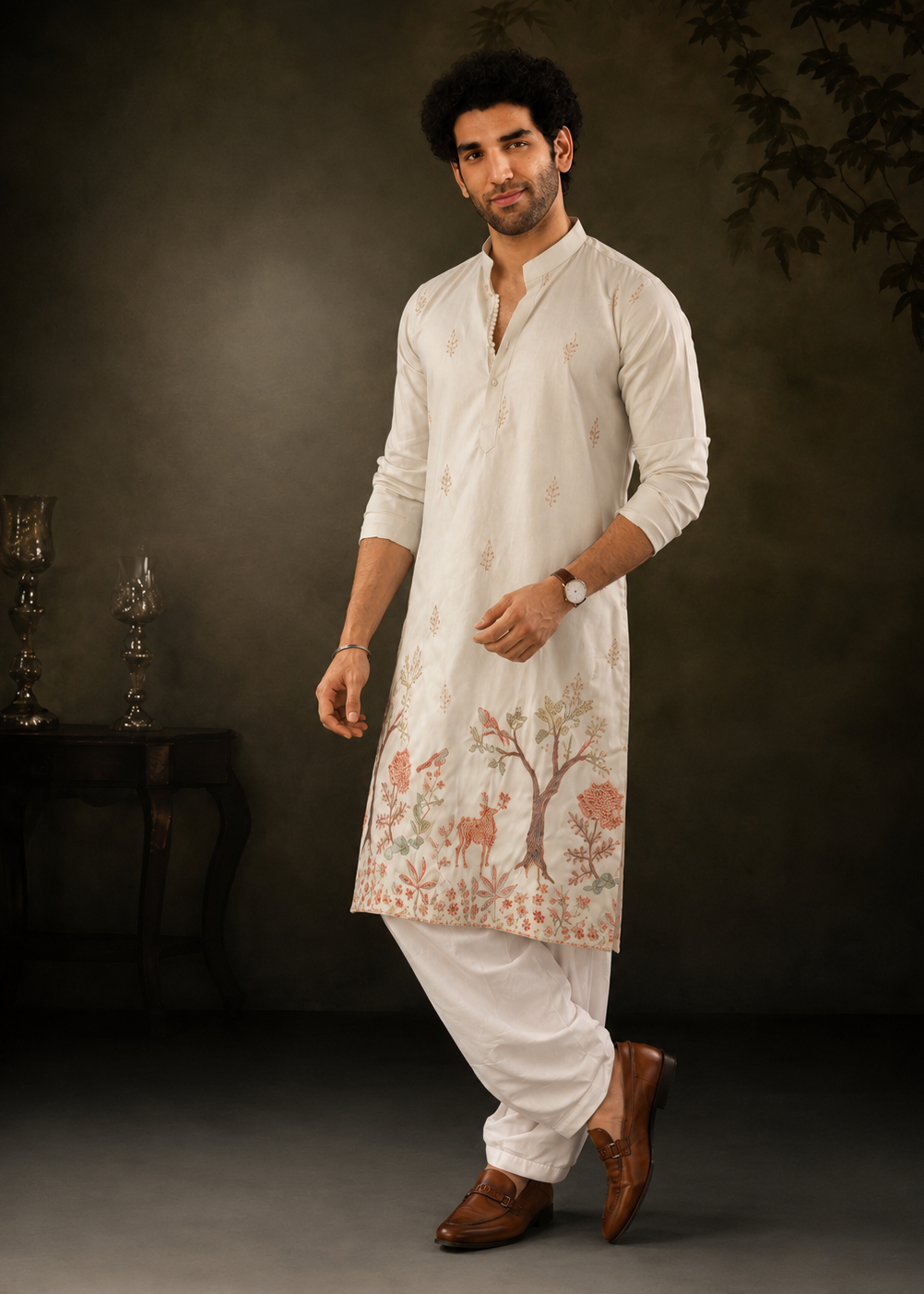 Light Peach Pink Botanical & Wildlife Embroidered Festive Kurta Trouser Set