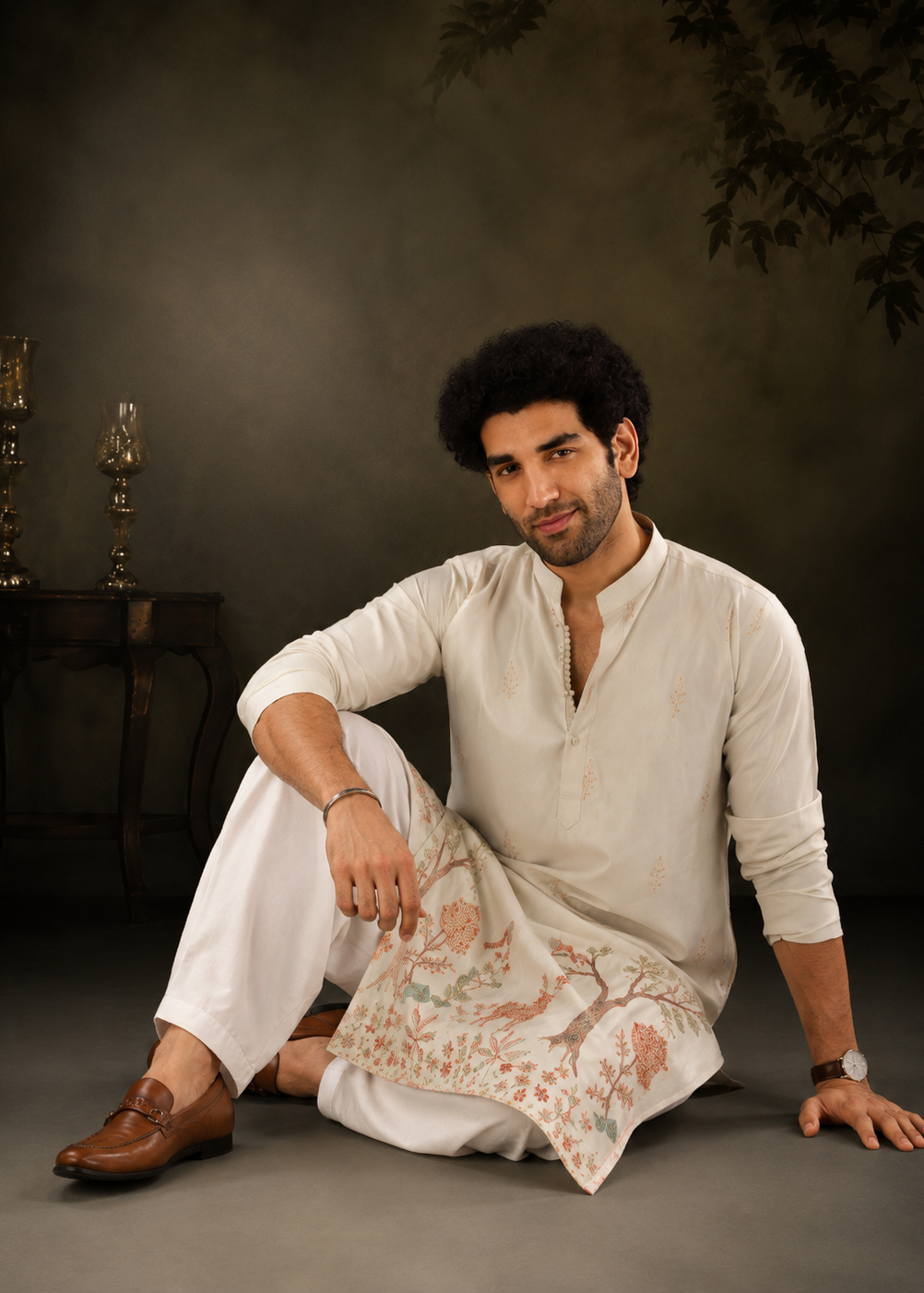 Light Peach Pink Botanical & Wildlife Embroidered Festive Kurta Trouser Set
