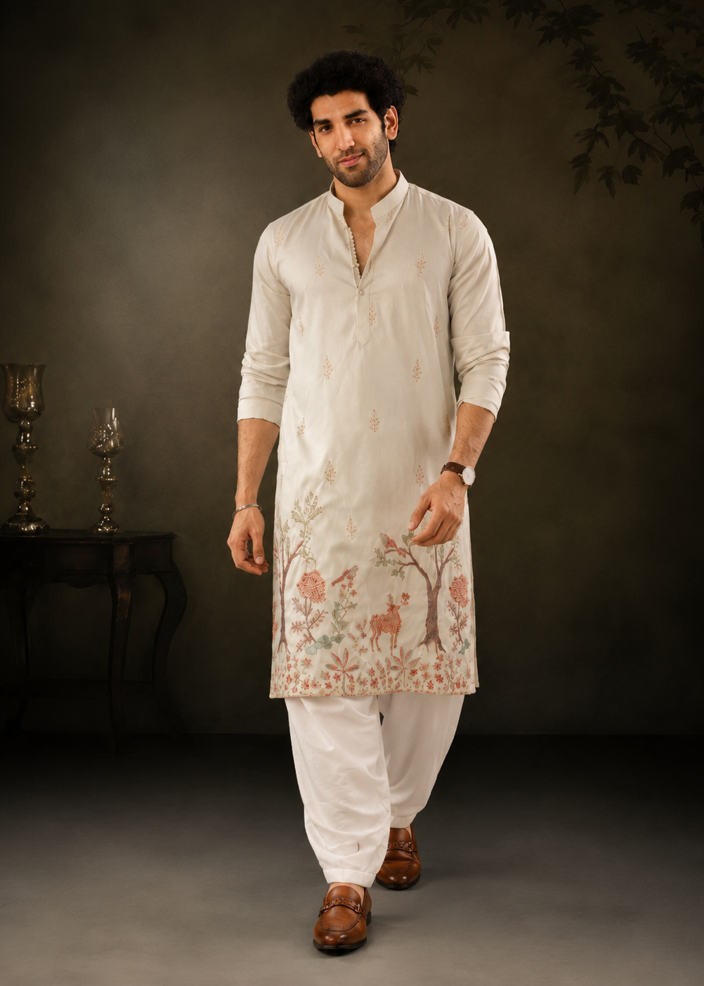 Light Peach Pink Botanical & Wildlife Embroidered Festive Kurta Trouser Set