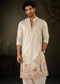 Light Peach Pink Botanical & Wildlife Embroidered Festive Kurta Trouser Set