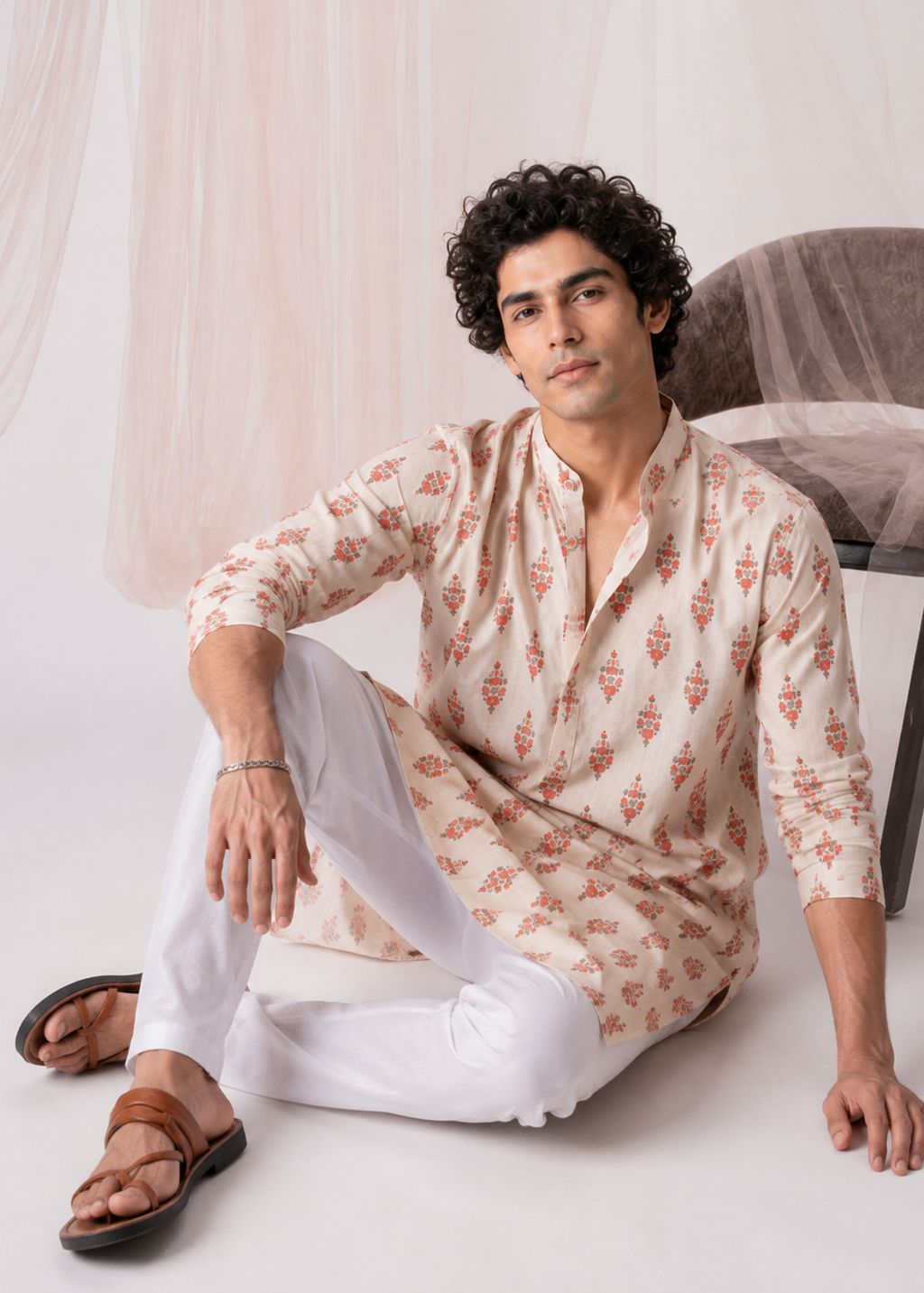 Off-White Floral Festive Kurta Trouser Set