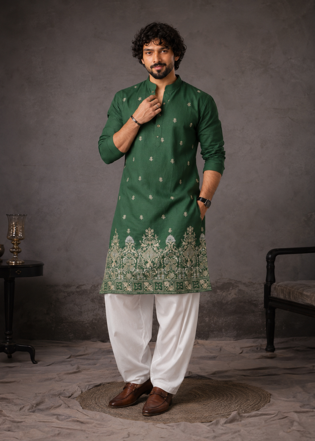 Heritage Green Ethnic Kurta Trouser with Intricate Embroidery