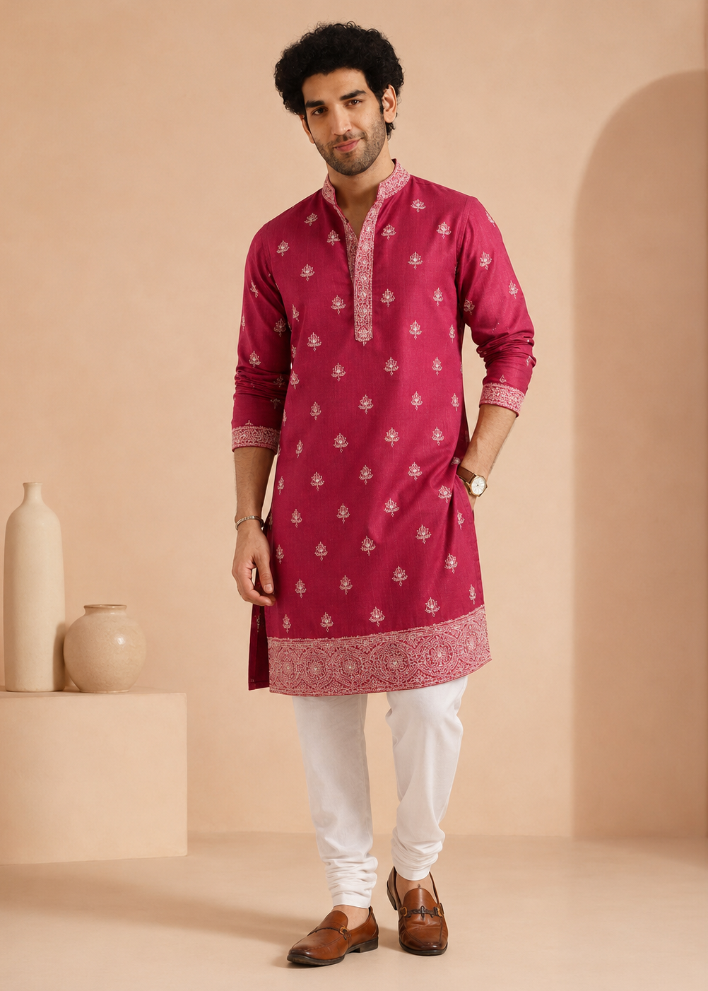 Hot Pink Silk Blend Embroidered Kurta Trouser Set