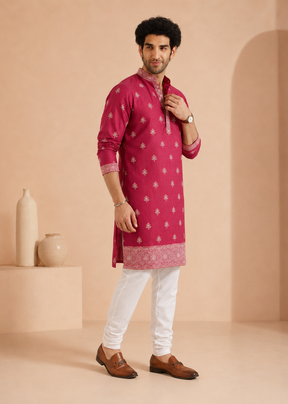 Hot Pink Silk Blend Embroidered Kurta Trouser Set