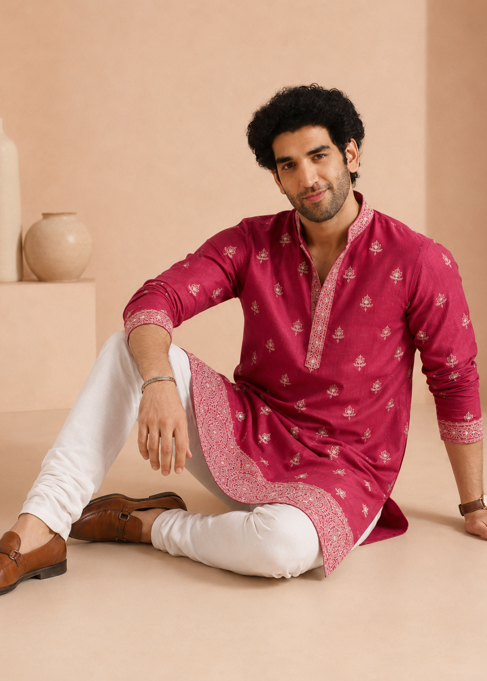 Hot Pink Silk Blend Embroidered Kurta Trouser Set
