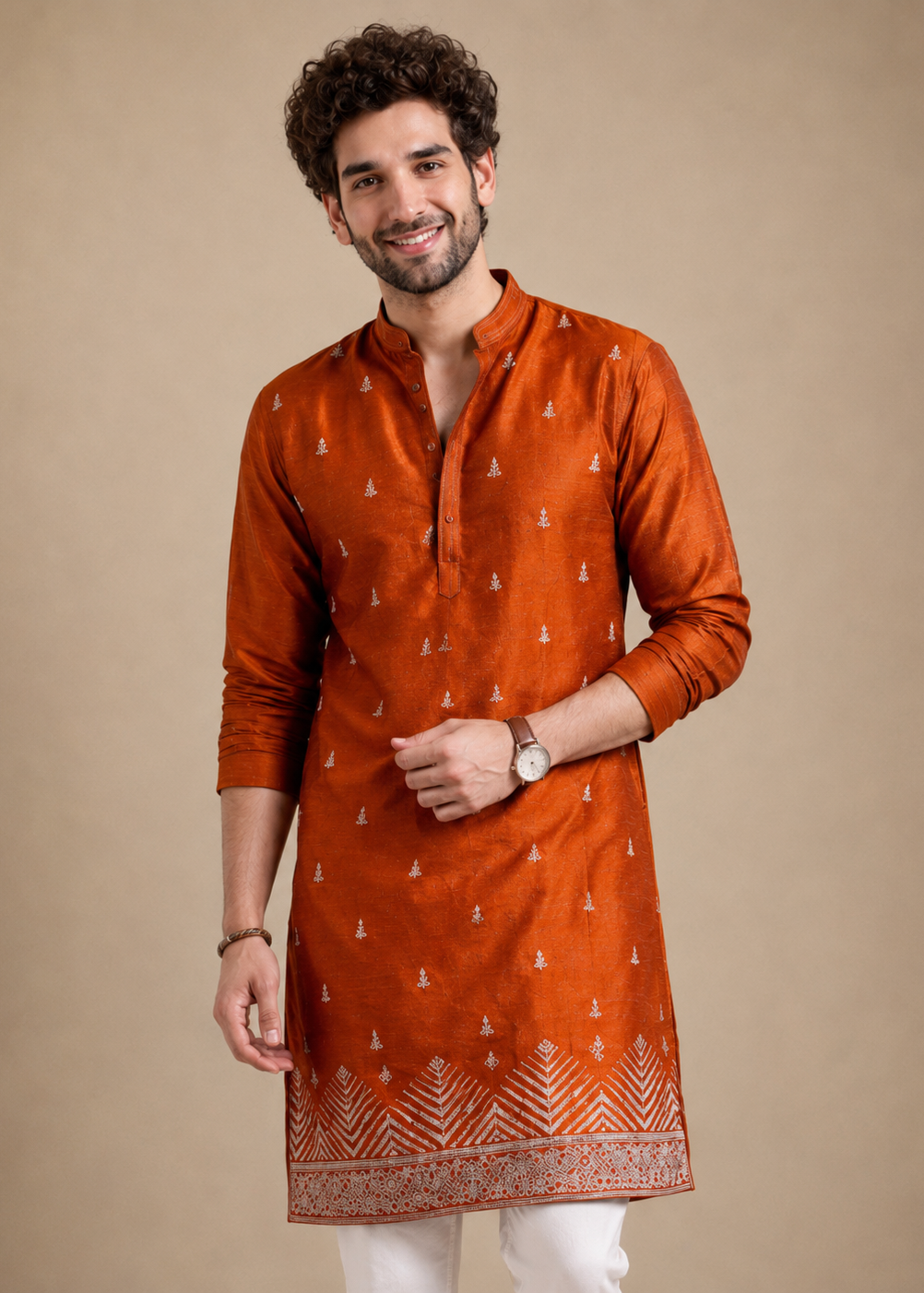 Orange Velvet Embroidered Kurta Trouser with Allover Buta Design