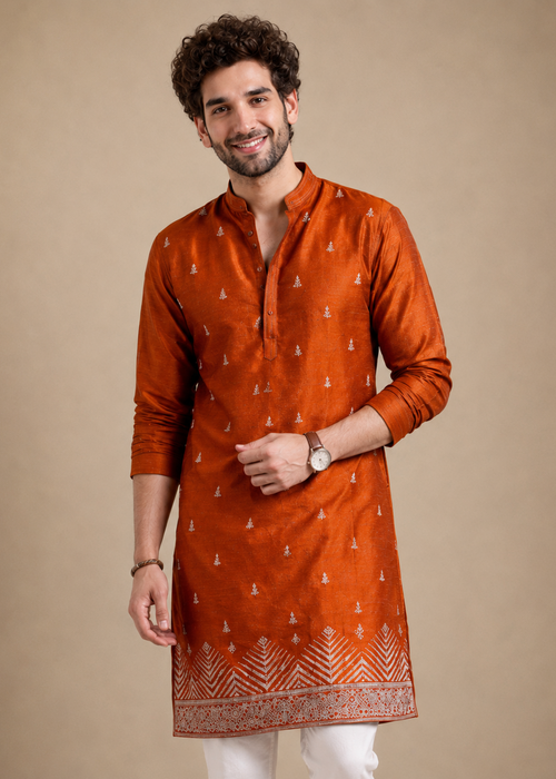 Orange Velvet Embroidered Kurta Trouser with Allover Buta Design
