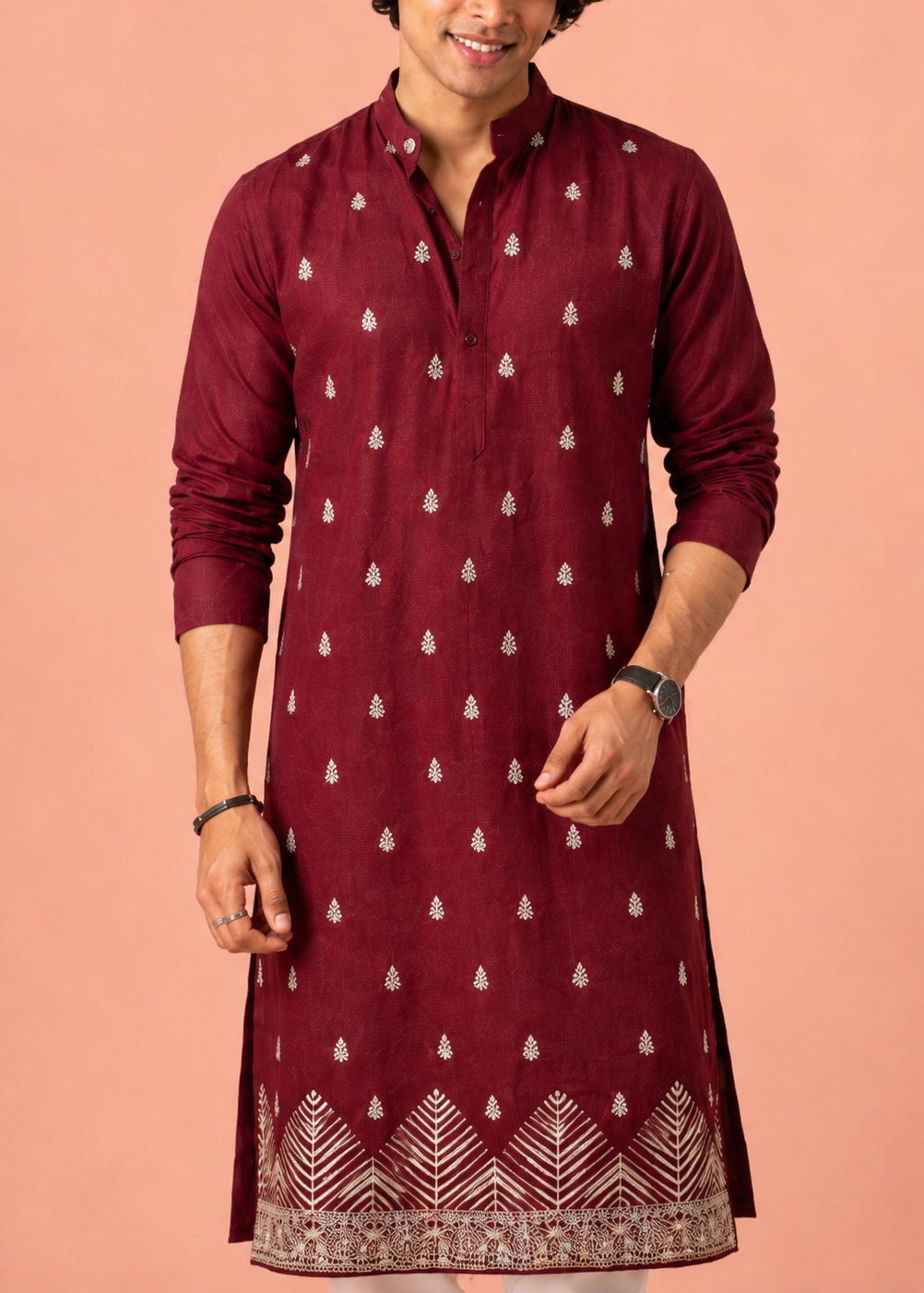 Maroon Buta Embroidered Kurta Trouser Set