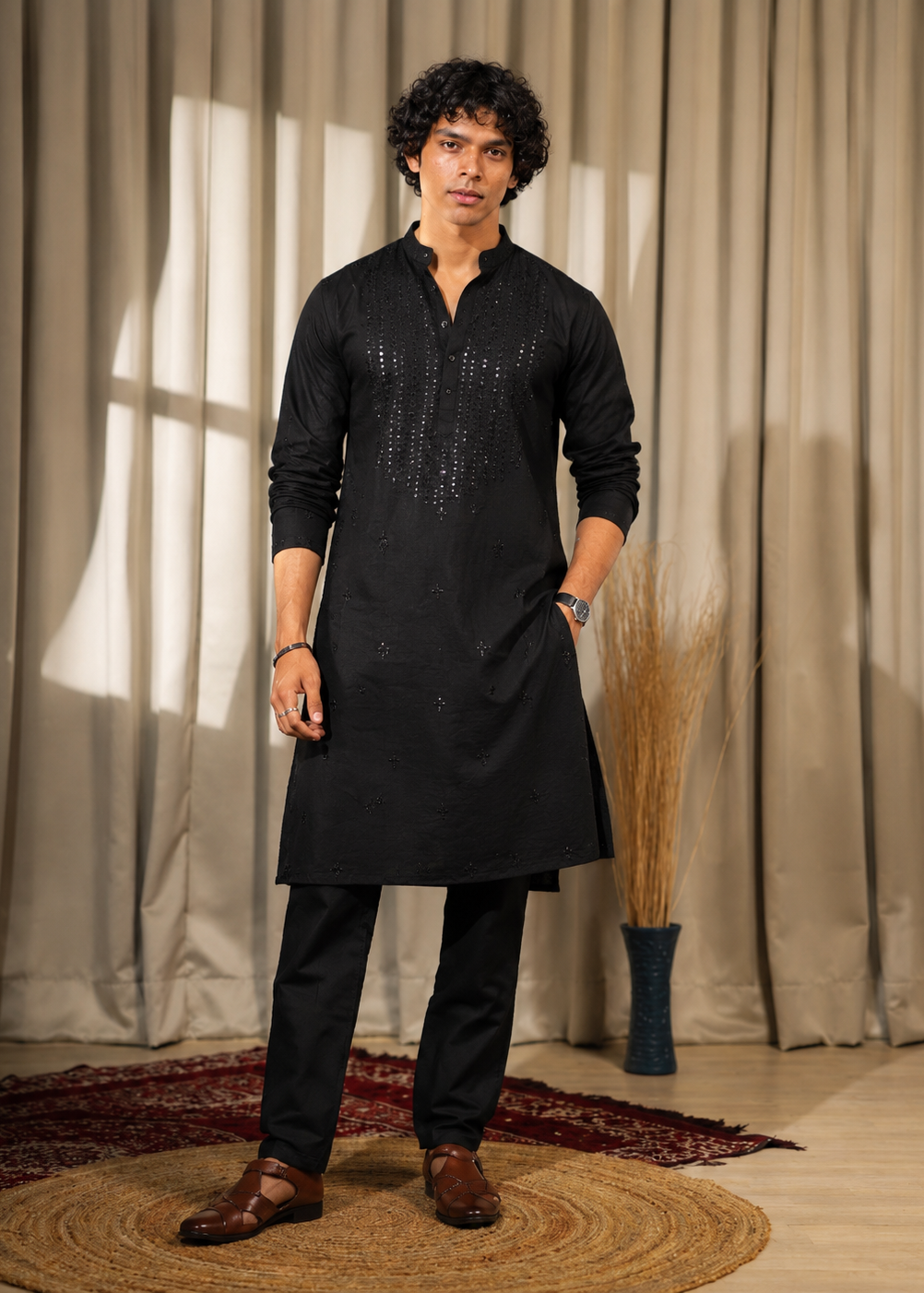 Black Cotton Mirror Work Kurta Trouser Set