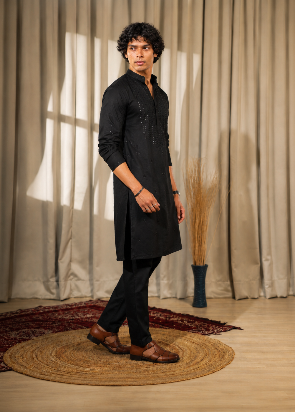 Black Cotton Mirror Work Kurta Trouser Set