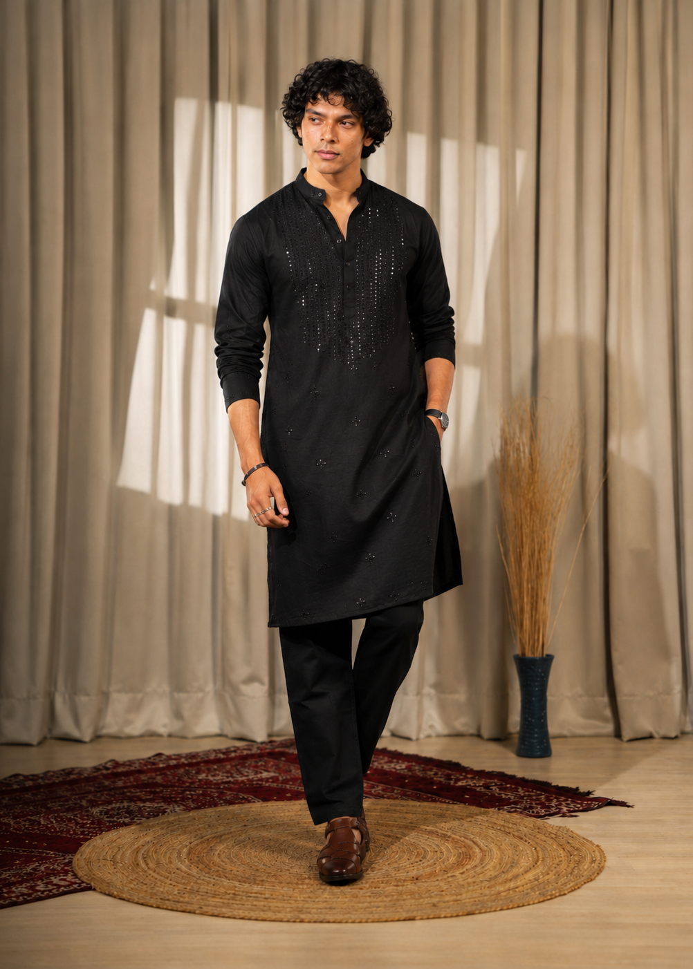 Black Cotton Mirror Work Kurta Trouser Set