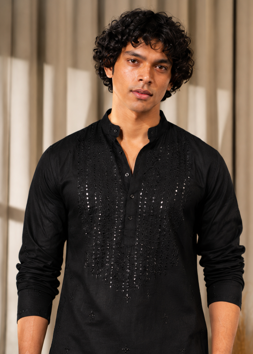 Black Cotton Mirror Work Kurta Trouser Set