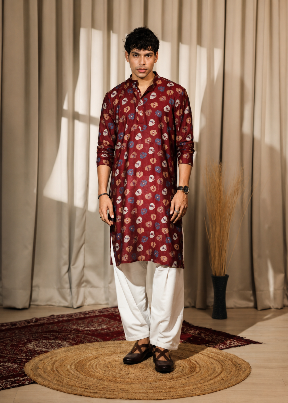 Men Maroon Floral Kurta Trouser Set