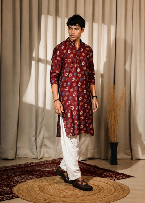 Men Maroon Floral Kurta Trouser Set