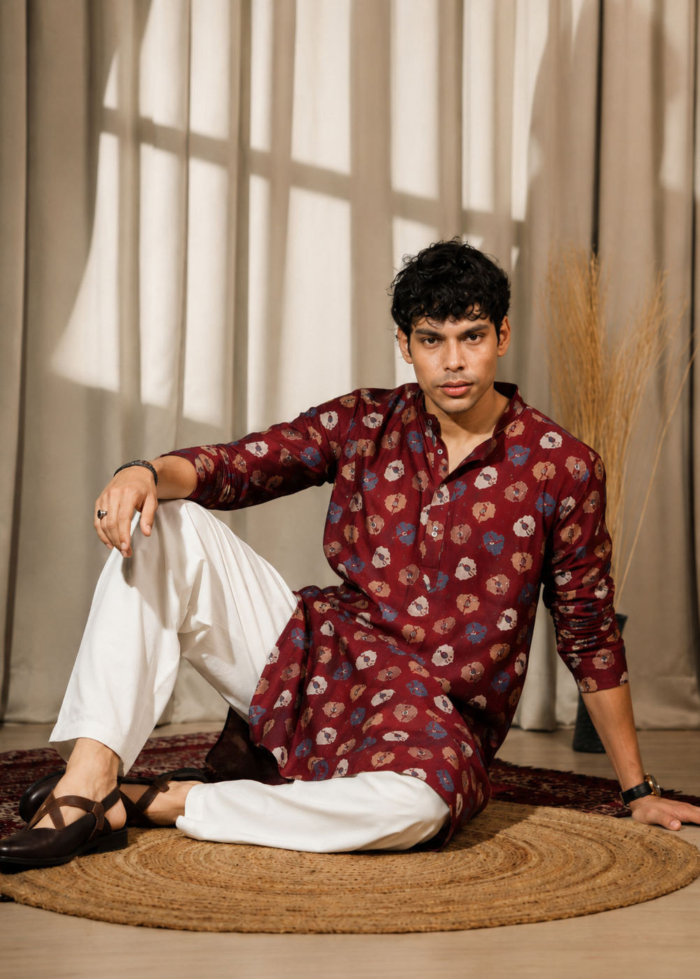 Men Maroon Floral Kurta Trouser Set