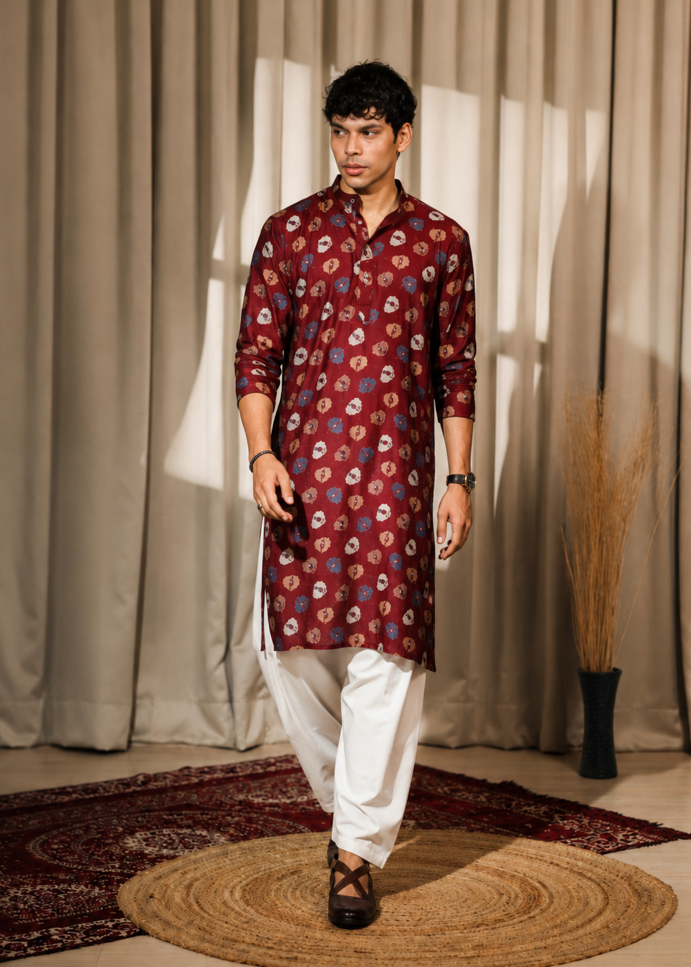 Men Maroon Floral Kurta Trouser Set