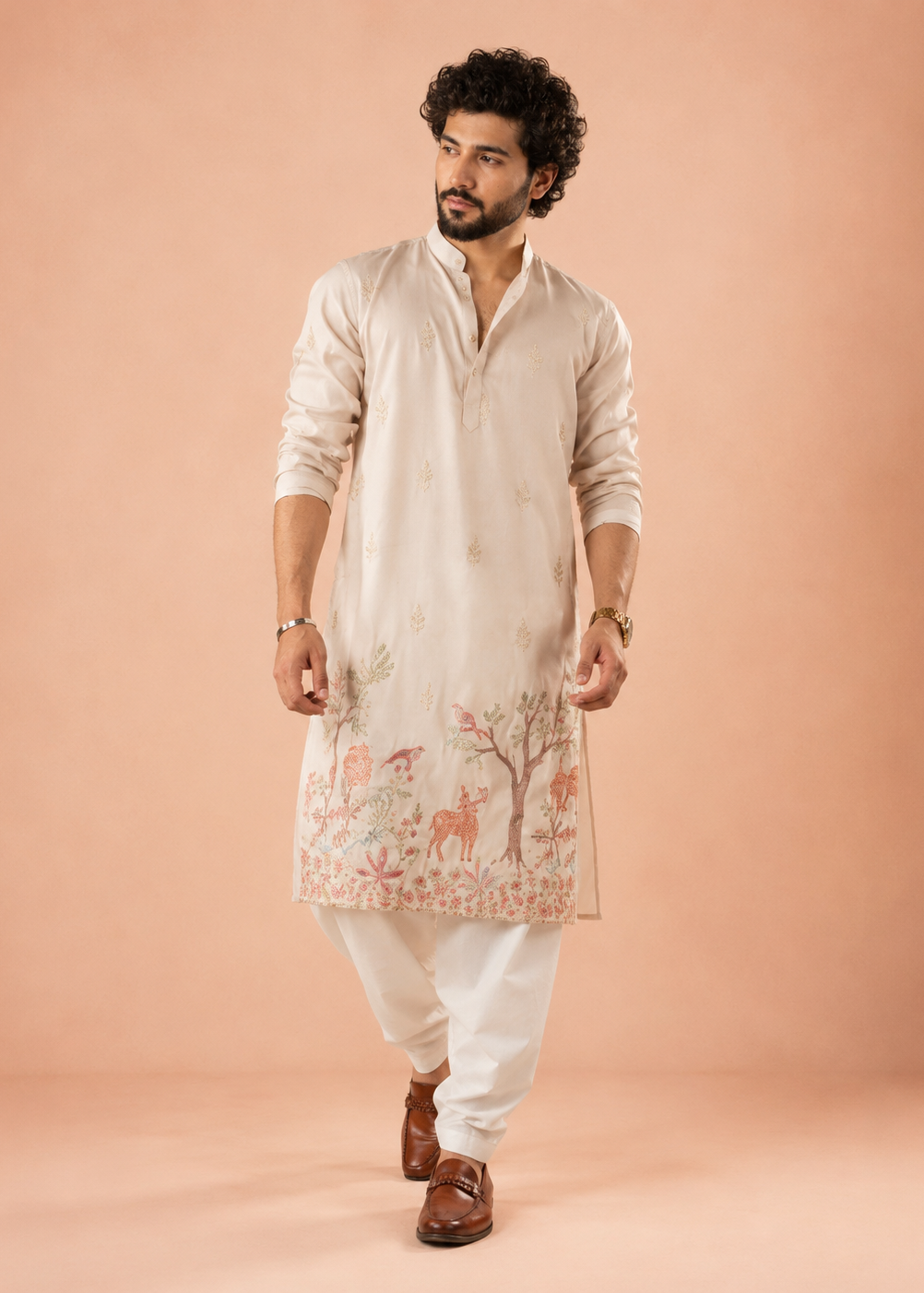 Light Peach Pink Botanical & Wildlife Embroidered Festive Kurta Trouser Set