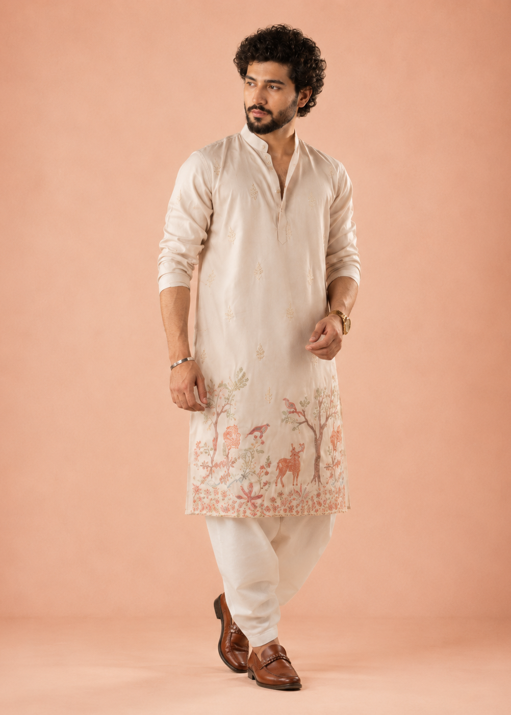 Light Peach Pink Botanical & Wildlife Embroidered Festive Kurta Trouser Set