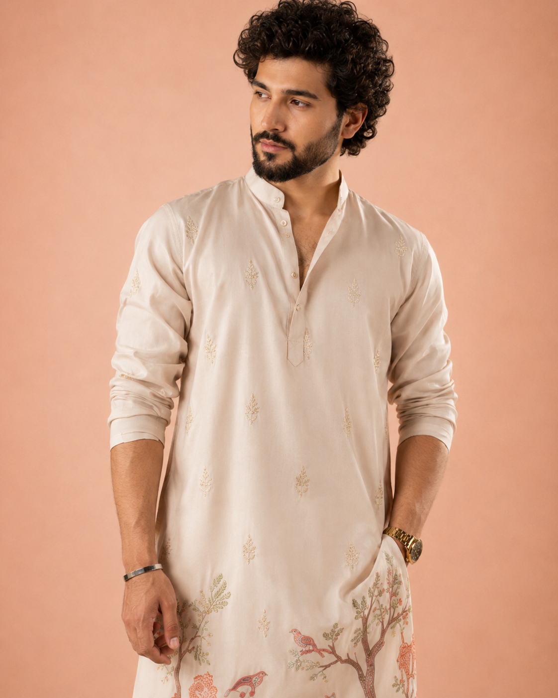 Light Peach Pink Botanical & Wildlife Embroidered Festive Kurta Trouser Set