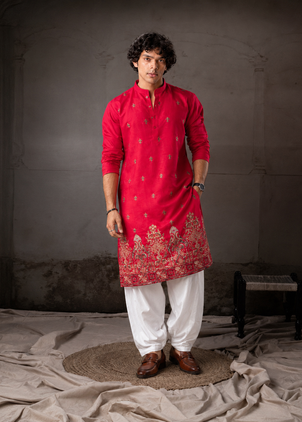 Rani Pink Ethnic Kurta Trouser with Intricate Embroidery