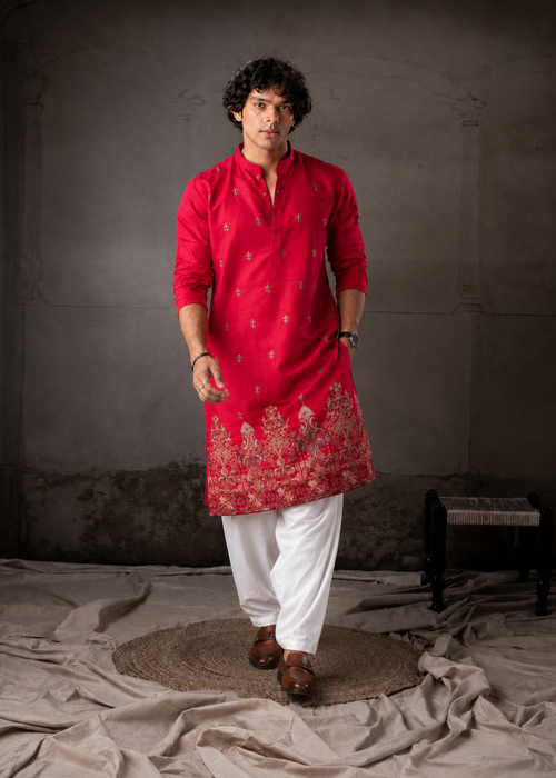 Rani Pink Ethnic Kurta Trouser with Intricate Embroidery
