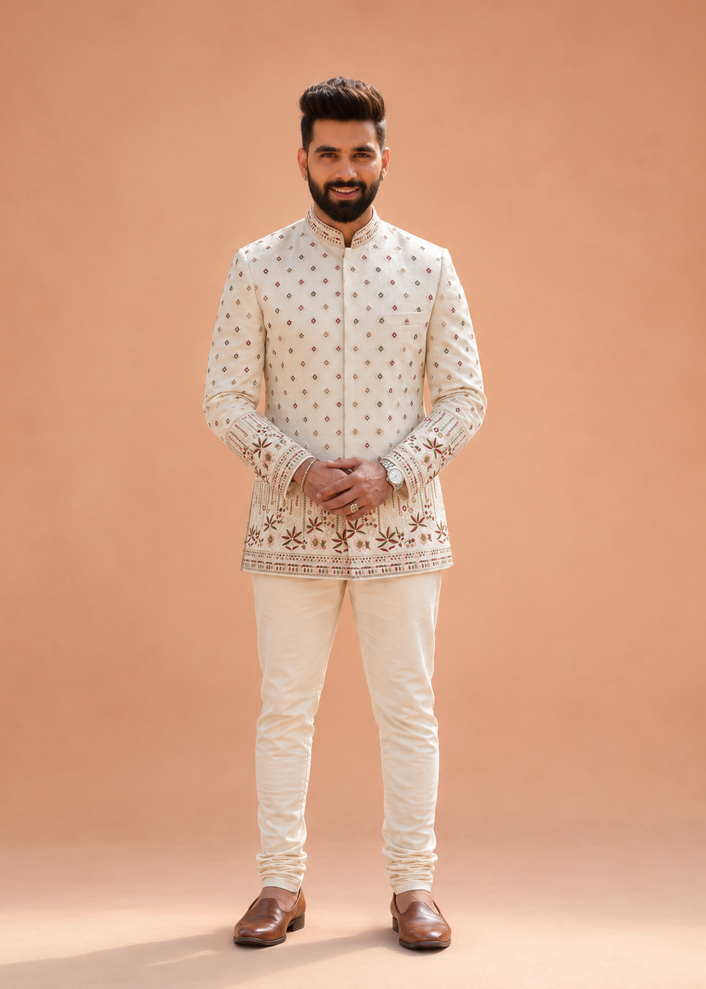 Cream Floral Embroidered Indo-Western Pant Set