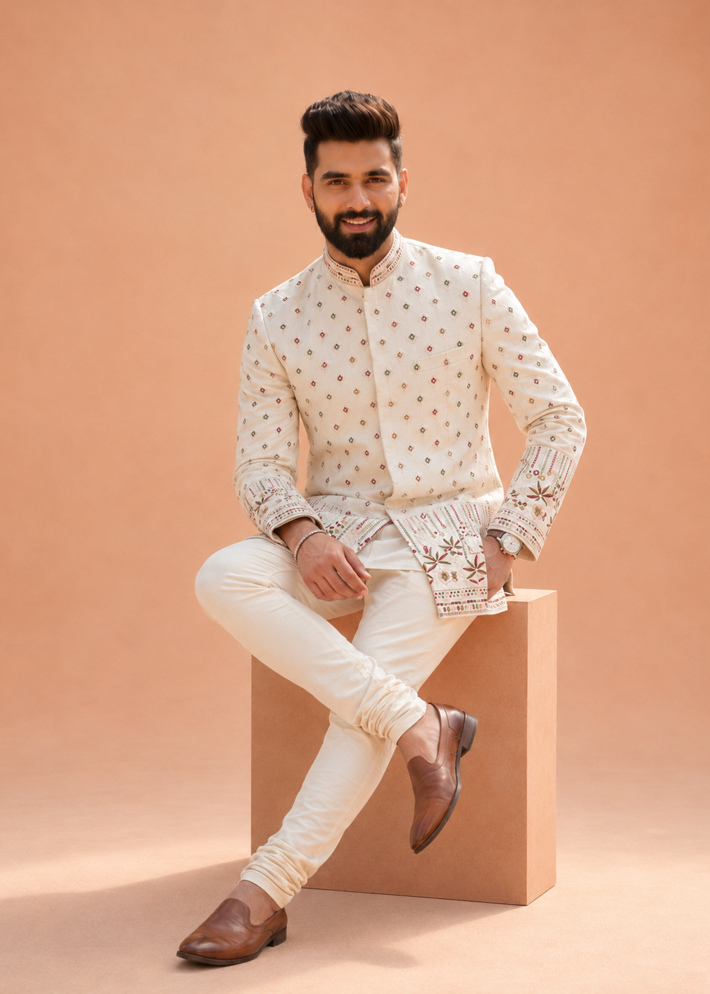 Cream Floral Embroidered Indo-Western Pant Set